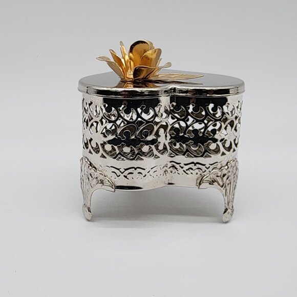 Silver Plated Heart Shaped Trinket Jewelry Box Filigree Brass Rose Lid VTG - Picture 4 of 9